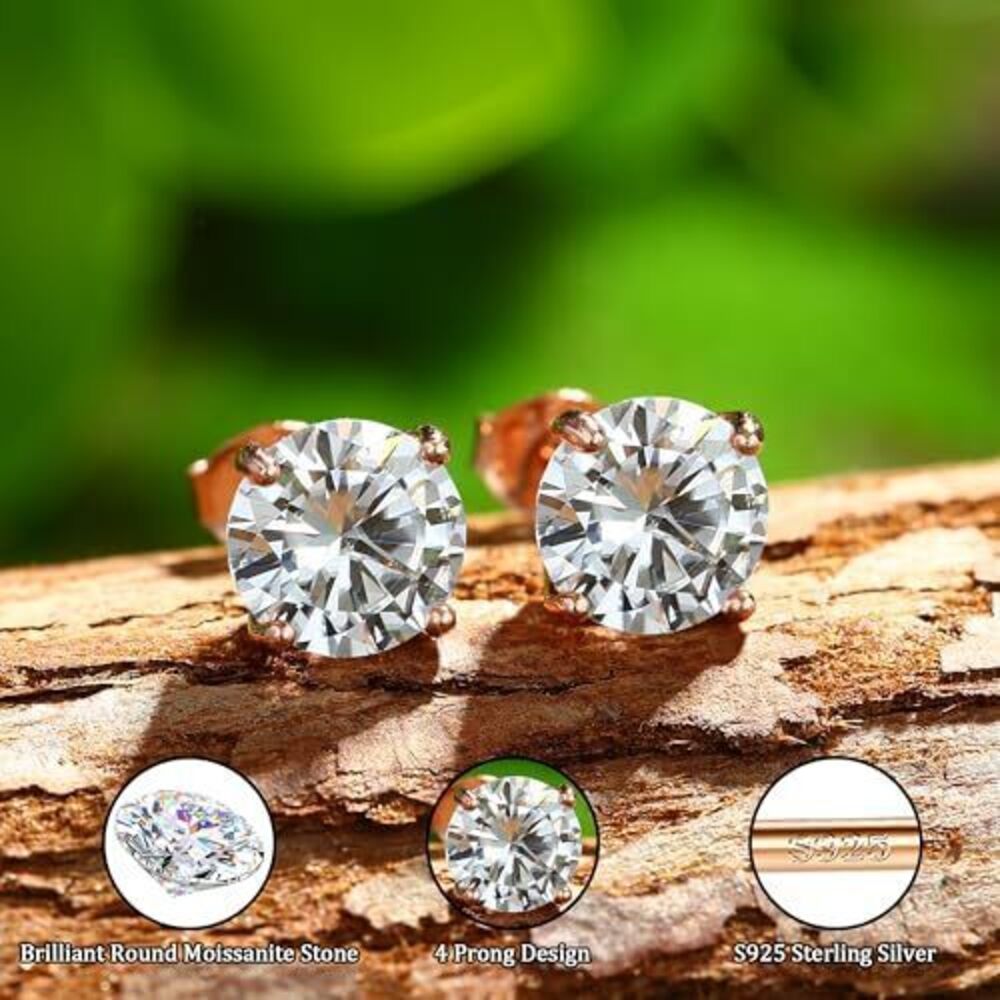 2158 Moissanite Earrings Studs : 18K Rose Gold Plated 925 Sterling Silver - Picture 5 of 7